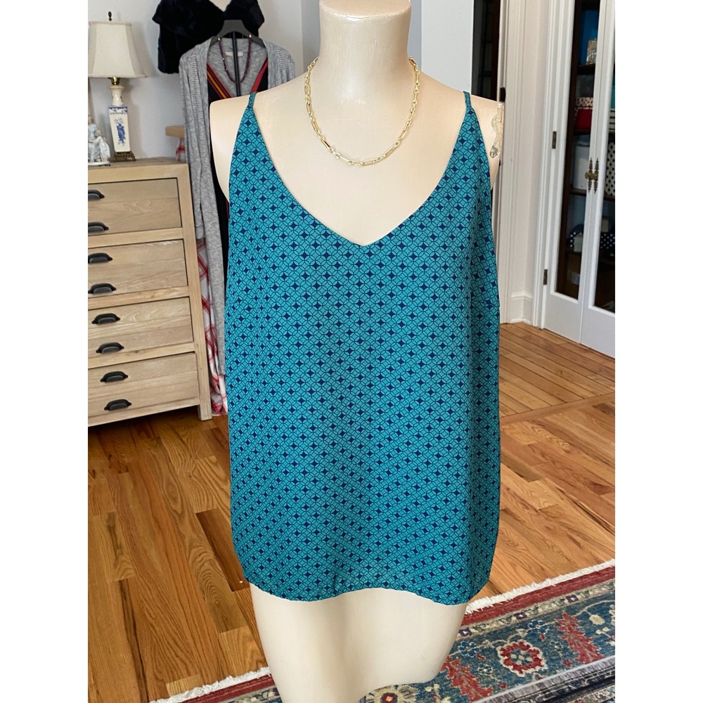Banana Republic Womens Large Teal Navy Geometric Print Lined V-Neck Cami Top